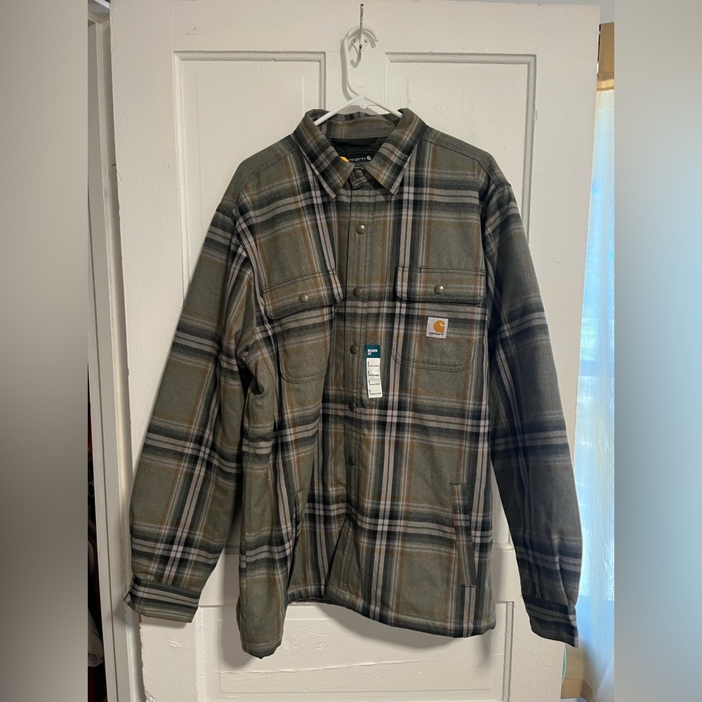 Carhartt Men's Relaxed Fit Flannel Sherpa Lined  - Olive and Black- Large